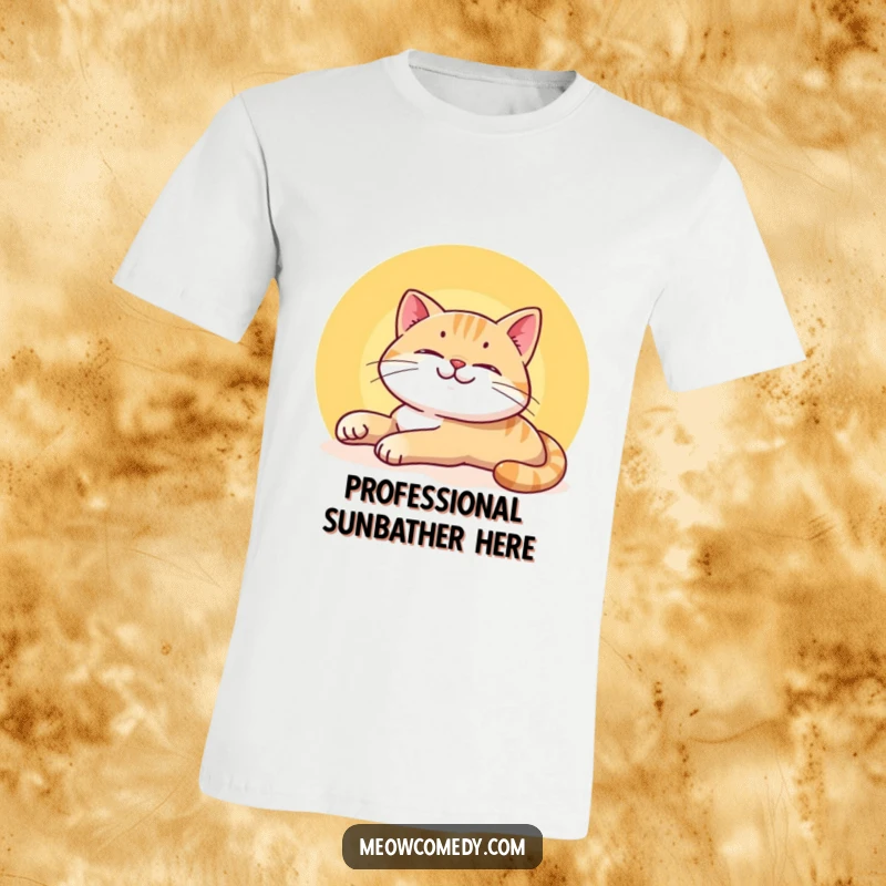 Funny Smiling Cat T-Shirt depicting a happy cat stretching lazily in a sunbeam, conveying comfort and peaceful leisure.