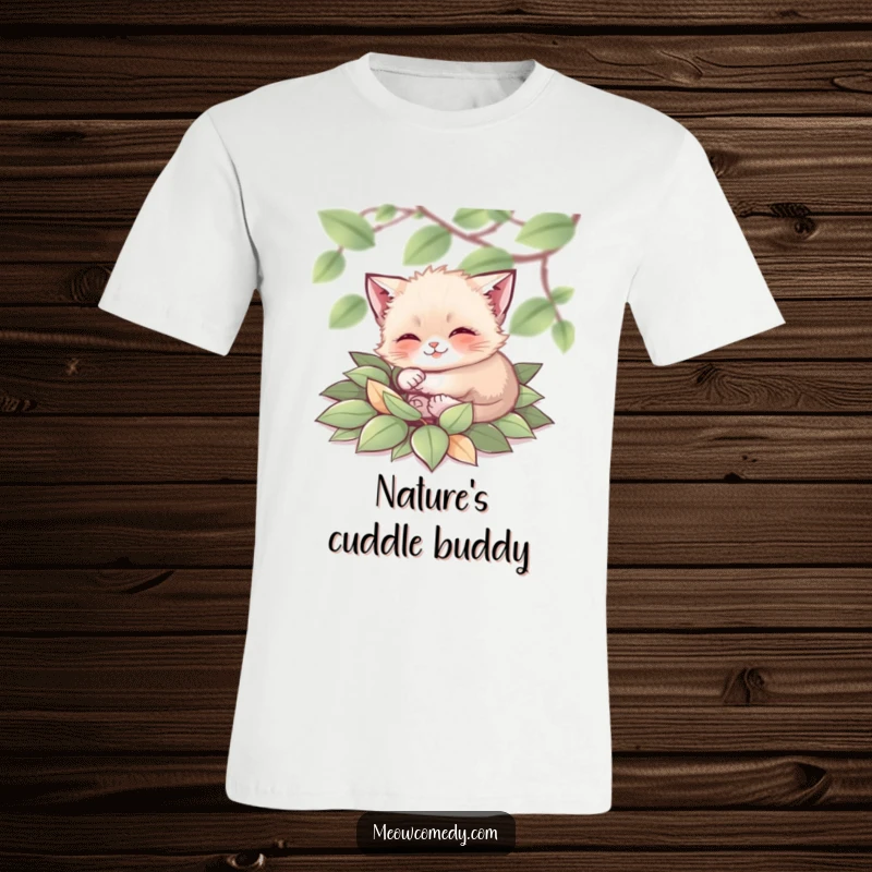 Funny Cat T-Shirt: A small, happy cat rolling joyfully in a mound of soft, colorful autumn leaves, embodying pure delight.