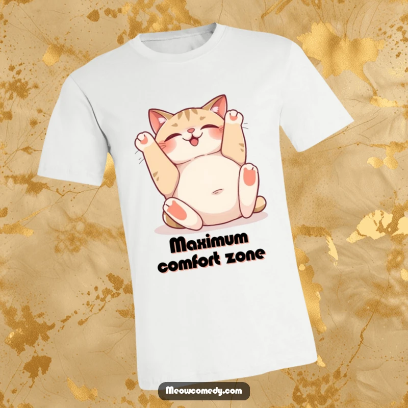 Funny t-shirt print of a blissful cat rolling on its back, sighing happily and showing its belly, radiating pure relaxation.