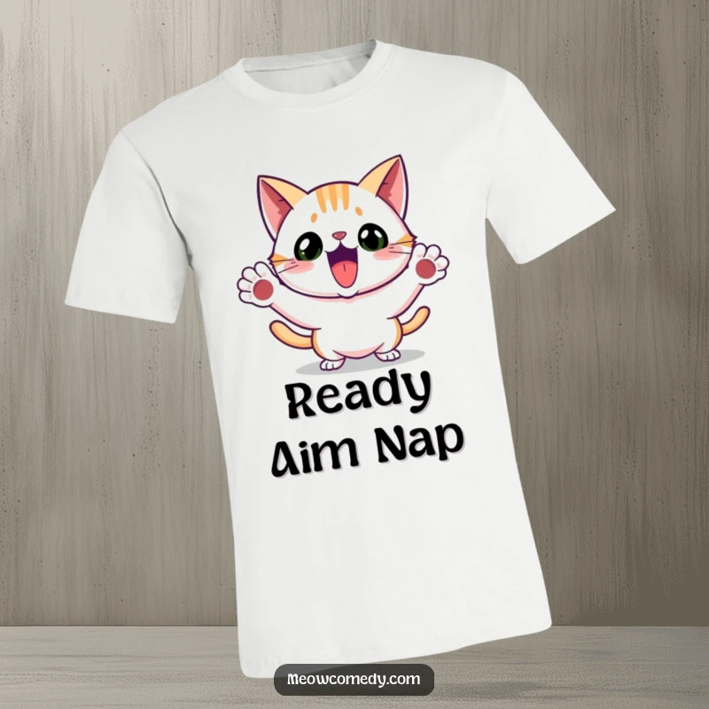 Funny t-shirt of an enthusiastic cat captured in a playful pounce with its paws ready for action.