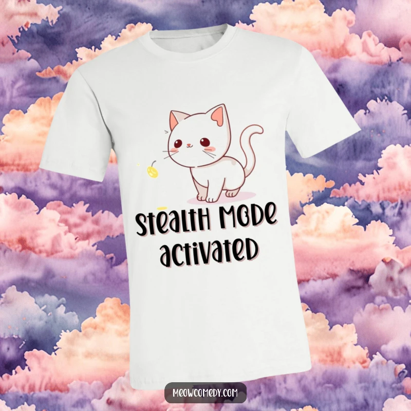 Funny Cat T-Shirt: A stealthy cat tiptoeing, its gaze locked onto a glowing, shimmering firefly in the dark.