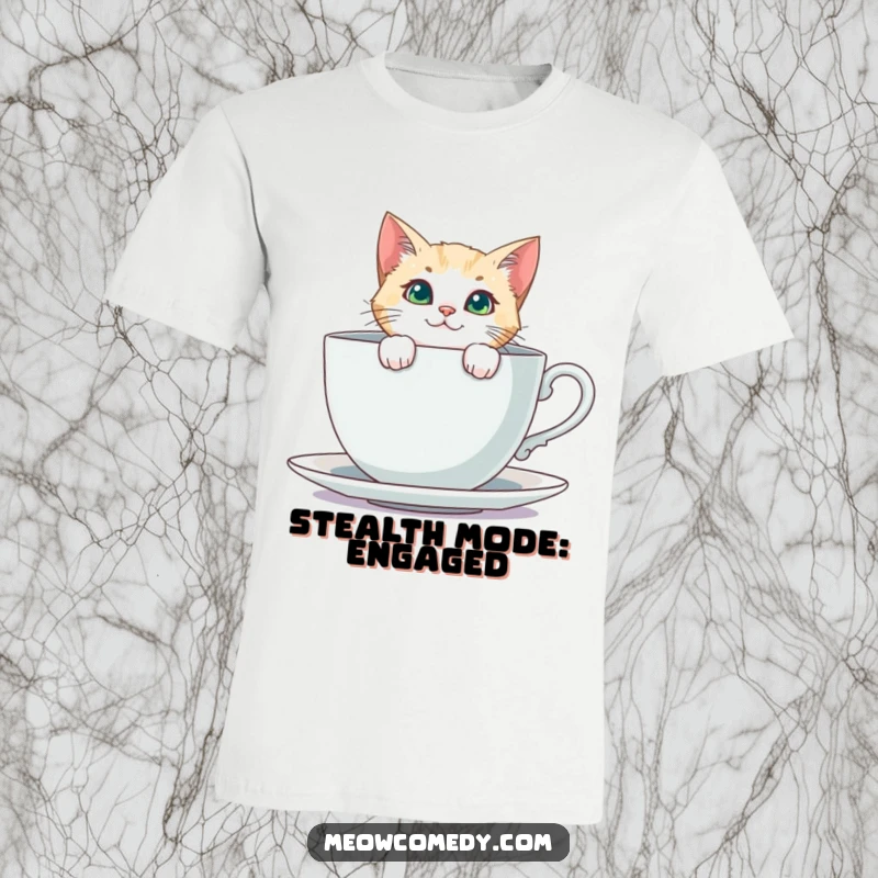 Funny Curious Cat T-Shirt: A cat's curious face peeks from behind a giant teacup, creating a whimsical and amusing design.
