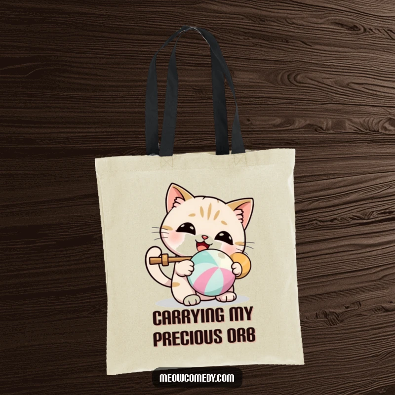 Funny tote bag showcasing a kawaii cat gleefully batting a colorful ball, adding cute and funny vibes.