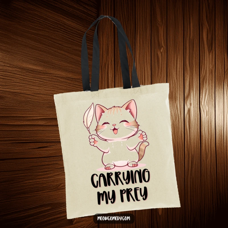 Funny Cat Tote Bag: A determined cat with paws ready, playfully batting at a light feather.