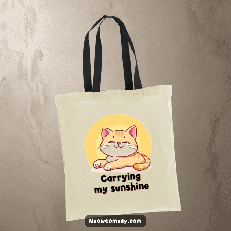 Funny Smiling Cat Tote Bag adorned with a content cat stretching lazily in a sunbeam, perfect for relaxed cat enthusiasts.