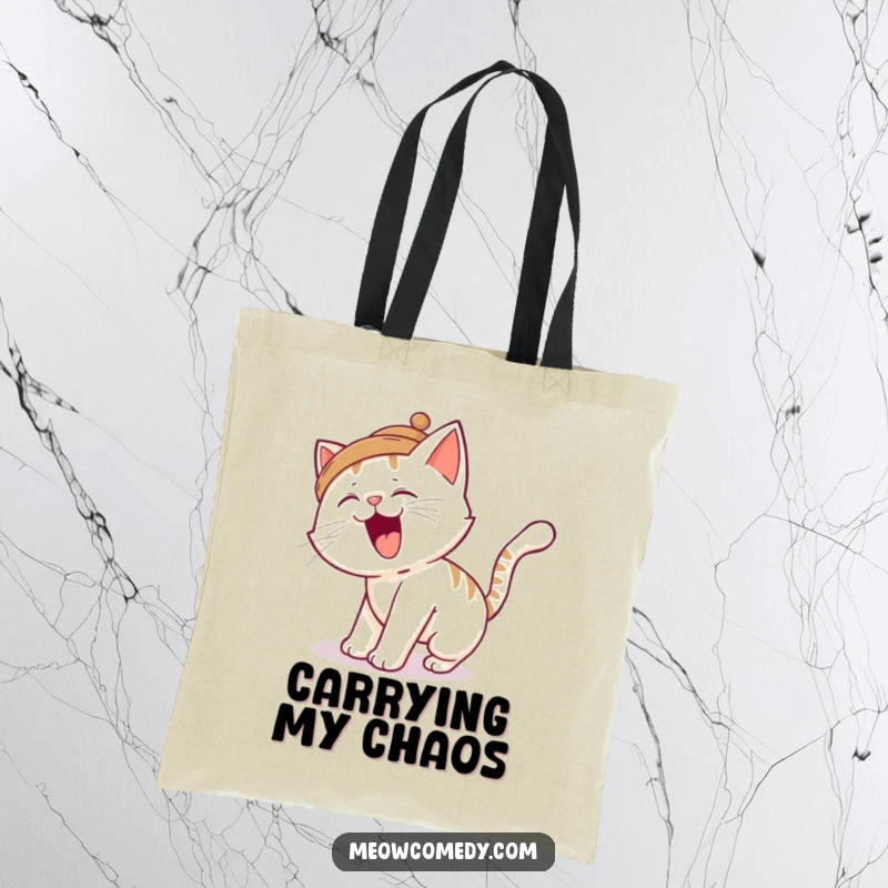 Funny cat tote bag, perfect for carrying daily items, showing a silly cat tripping over its tail, a humorous and practical bag.