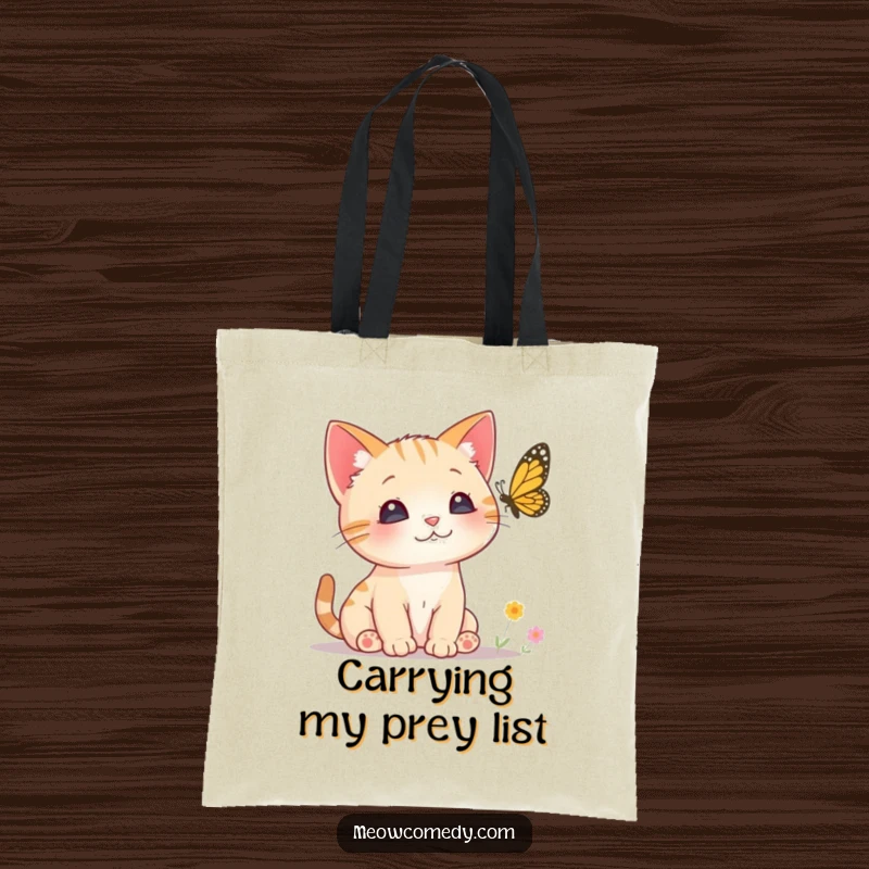Funny Curious Cat Tote Bag adorned with a small kitten with perked ears intently watching a butterfly, perfect for curious cat lovers.