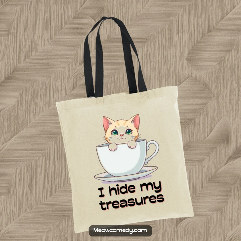 Funny Curious Cat Tote Bag: A cat curiously peeks from behind an oversized teacup, perfect for a humorous and functional tote.