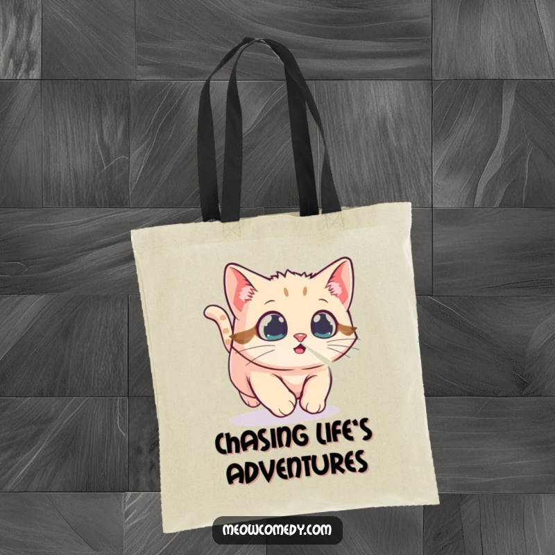 Funny Kawaii Cat Tote Bag, showing a cat in mid-chase after a laser dot, embodying playful energy and feline fascination for stylish carrying.