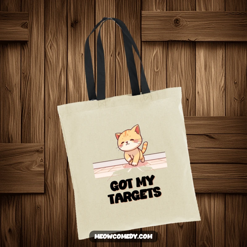 Funny kawaii cat playfully chasing a beam of light across a floor, on a stylish tote bag.