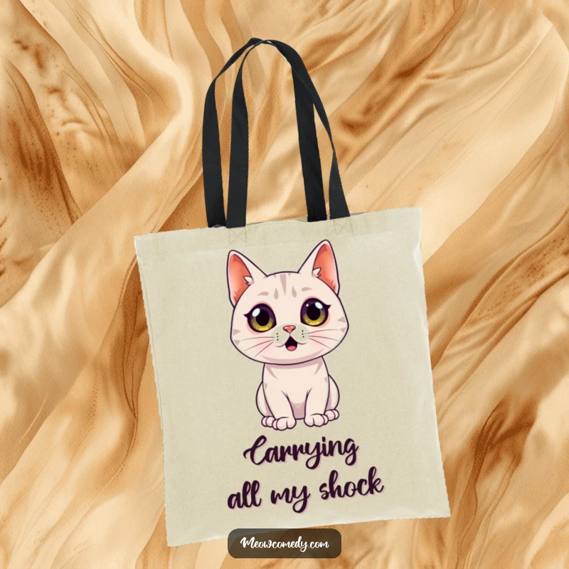 Funny Surprised Cat Tote Bag: A sleek cat with wide, startled eyes captures a moment of pure comical surprise on this tote bag.
