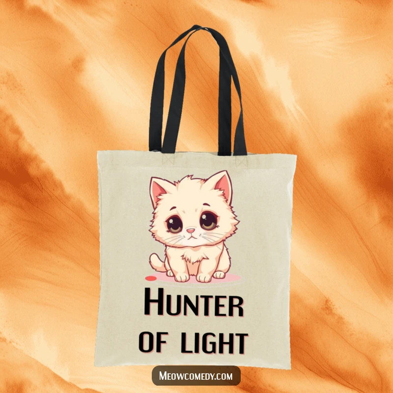 Funny Fluffy Cat Tote Bag: A fluffy cat with huge eyes chases a red laser dot, adding humor to your errands.