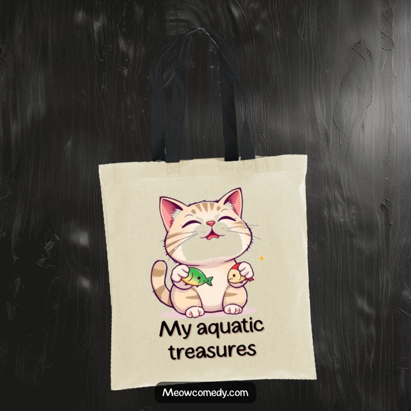 Funny content cat, purring loudly, juggling three small fish toys on a tote bag, showcasing playful talent, ideal gift.