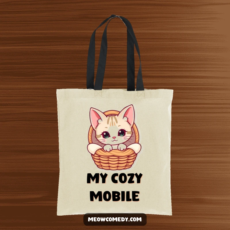 Funny Kawaii Cat Tote Bag, showing a curious cat with large ears peeking from a basket, perfect for carrying essentials with adorable charm.